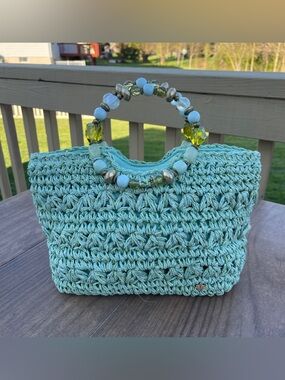 Cappelli Straworld Seafoam Crochet Tote with Beaded Handles